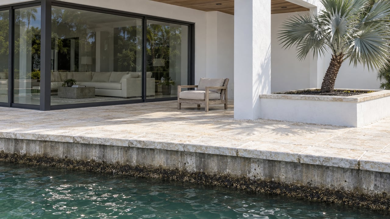 White-stucco waterfront home with dark-framed glazing, a limestone terrace and a silver palm above a canal seawall.