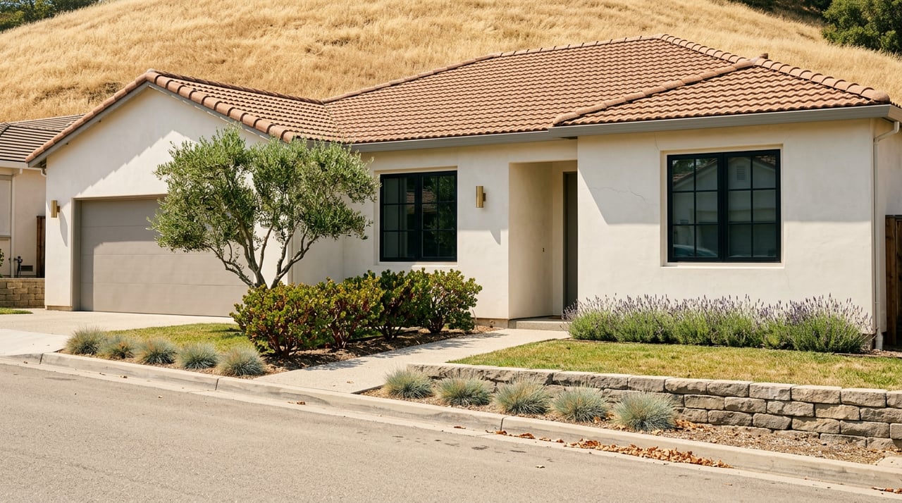 Stucco home with terracotta roof, olive tree, and low landscaping against a golden, grass-covered hillside.