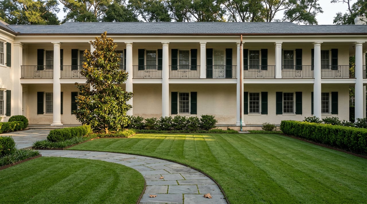 Manicured lawn and bluestone path lead toward a symmetrical, columned brick home beneath live oaks.