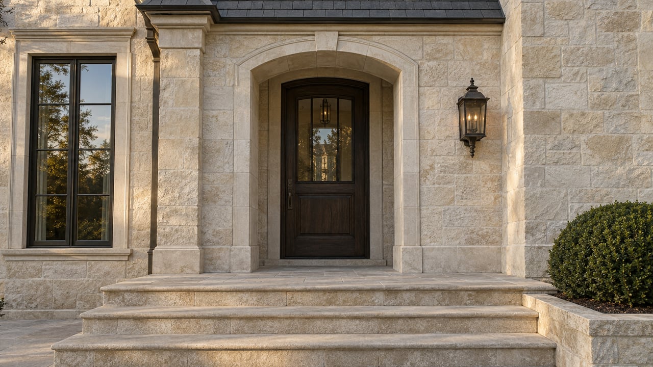 Limestone estate entrance with a recessed oak door, bronze lantern, and broad shallow steps.