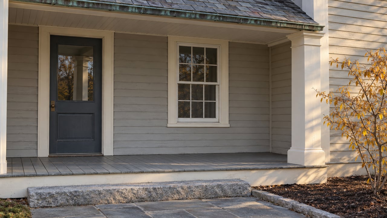 Covered entry of a pale clapboard home with a blue-gray glazed door, slate roof, granite step and ochre witch-hazel leaves.