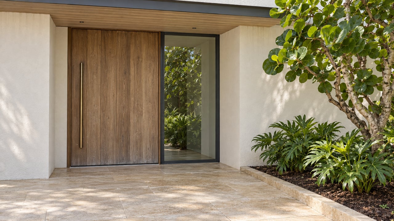Modern home entrance with a wide wood door, glass sidelight, and tropical landscaping.