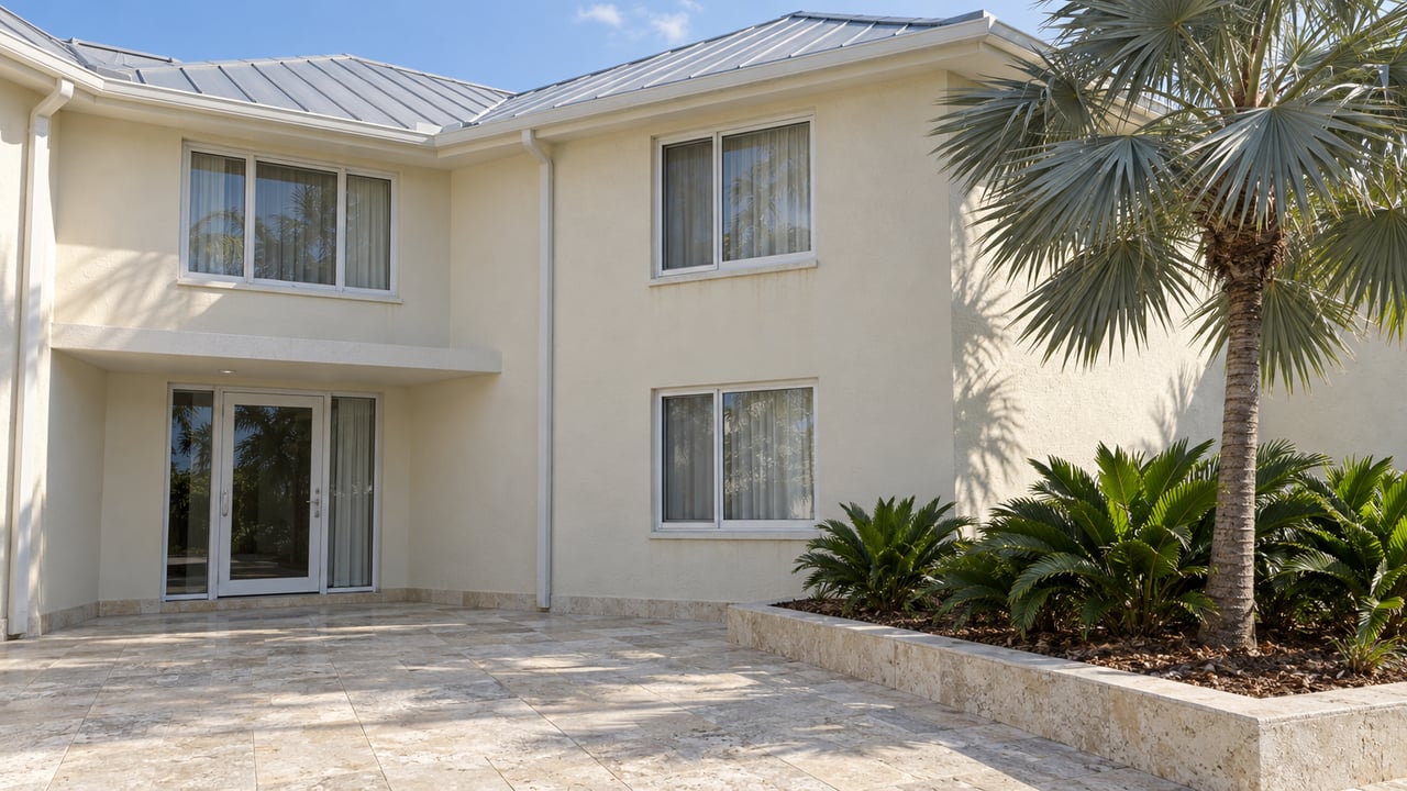 Cream condominium facade with a pale standing-seam roof, enclosed glazed entry and limestone forecourt beside a silver palm.