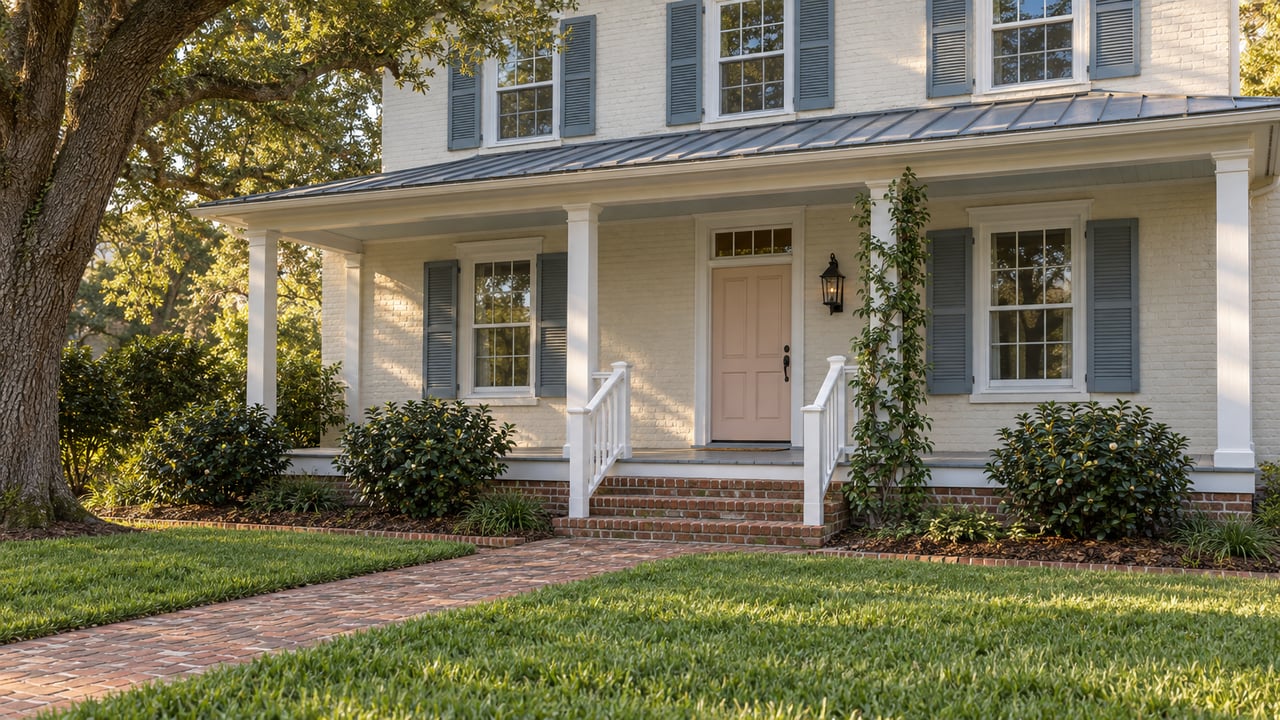 Pale masonry home with a peach front door, white porch woodwork, a brick approach, and a broad lawn beneath a spreading live oak.