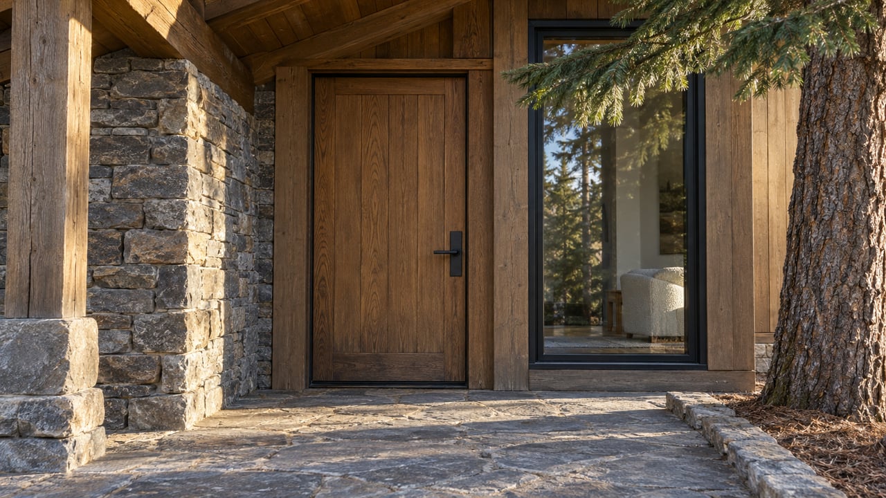 Morning light grazes a timber-and-stone home entrance, with a closed oak door, tall window and stone landing beside a mature Douglas fir.