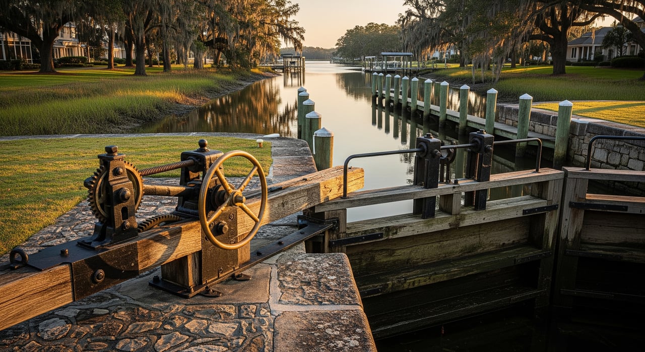 Canal lock with rusted hand wheels and timber gates, lined by moss-draped trees and homes.