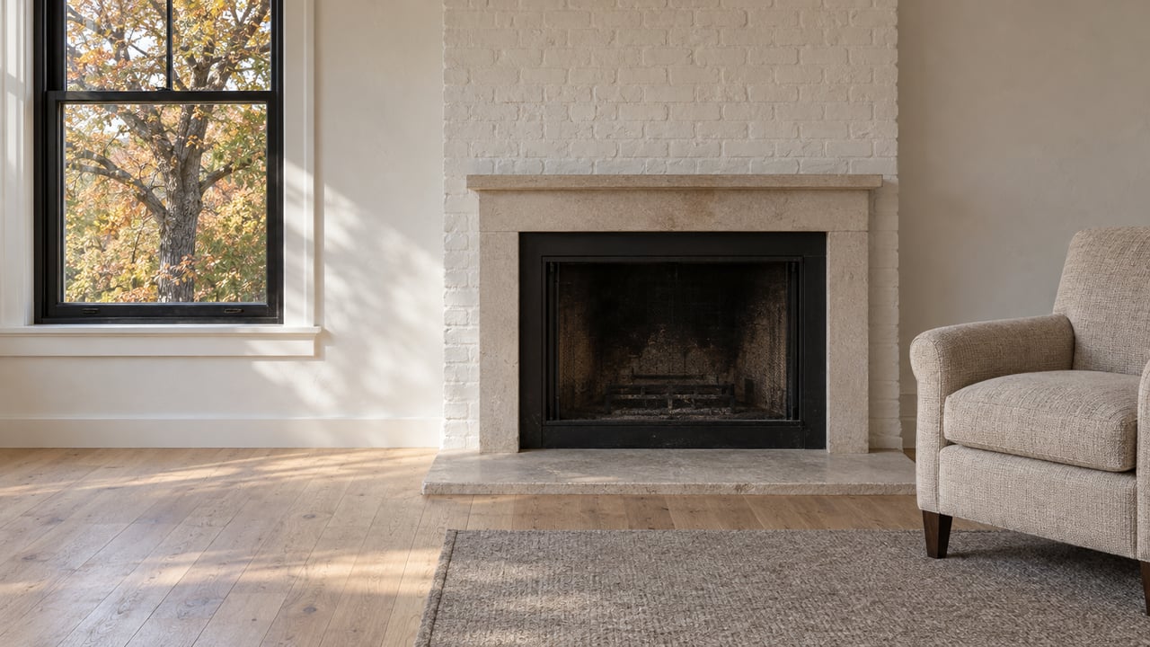 White-painted brick fireplace with a limestone hearth, pale oak floor and wool chair beside a black-framed window overlooking autumn oak foliage.