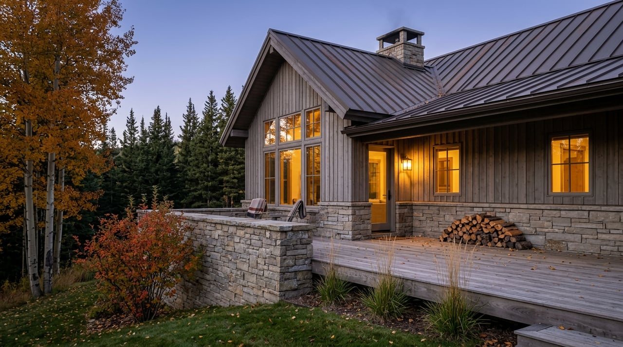 Mountain home with a stone chimney and timber deck, warm windows glowing beneath gold aspen trees at dusk.