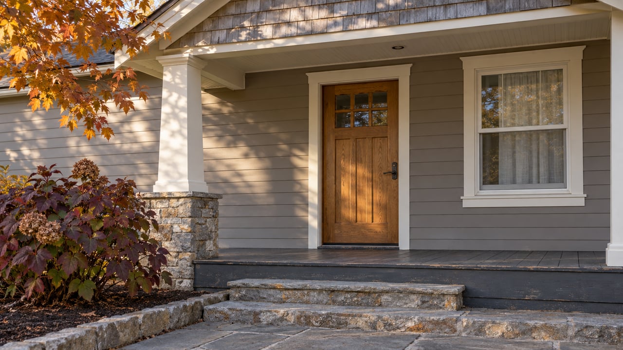 Covered home entry with gray wood siding, an oak door, stone steps and burgundy oakleaf hydrangea in autumn light.