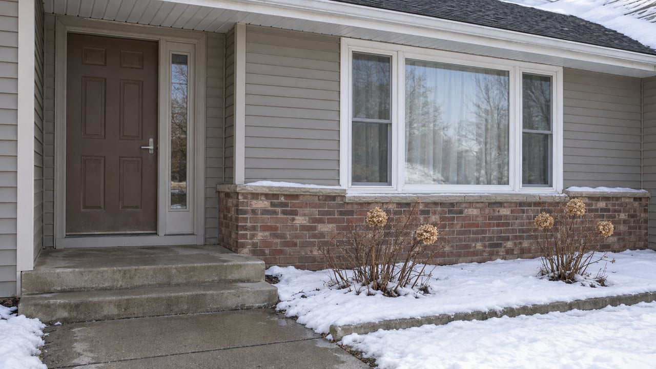 Snow borders a cleared concrete walk leading to a modest home's brown front door, gray siding and brick-trimmed picture window.