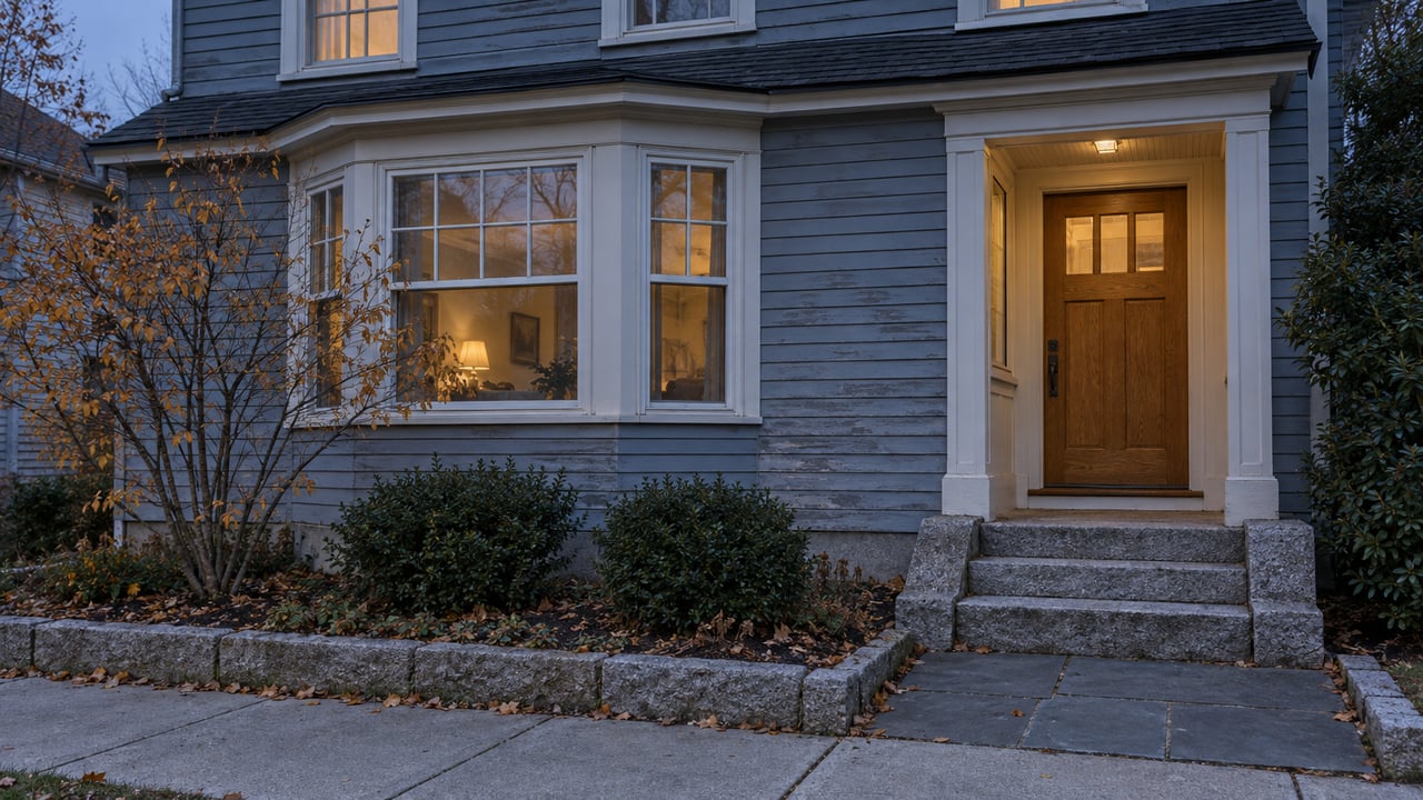 Blue-gray two-story house with a honey-brown door, bay window, granite steps, and a narrow planted strip.