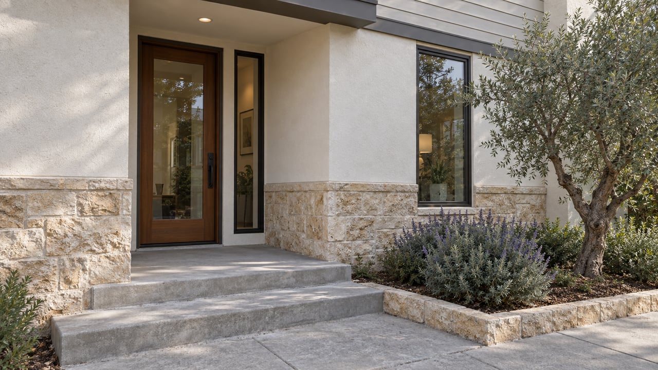 Stucco house entrance with a recessed glazed wood door, limestone steps, and an olive tree.