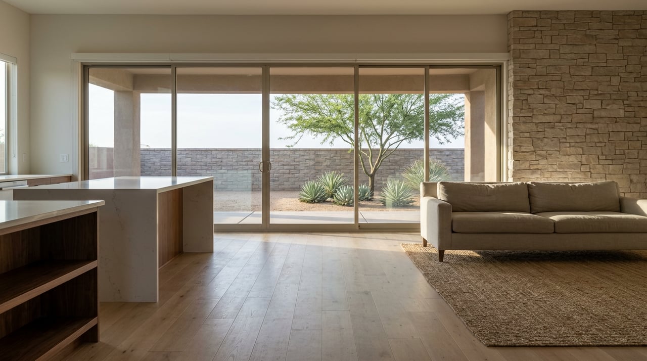 Open-plan great room with a linen sofa, stone accent wall, and mesquite tree visible through sliding glass doors.
