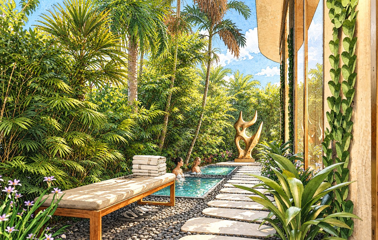 Tropical pool courtyard with stepping-stone path, lounge bench, and sculptural centerpiece.