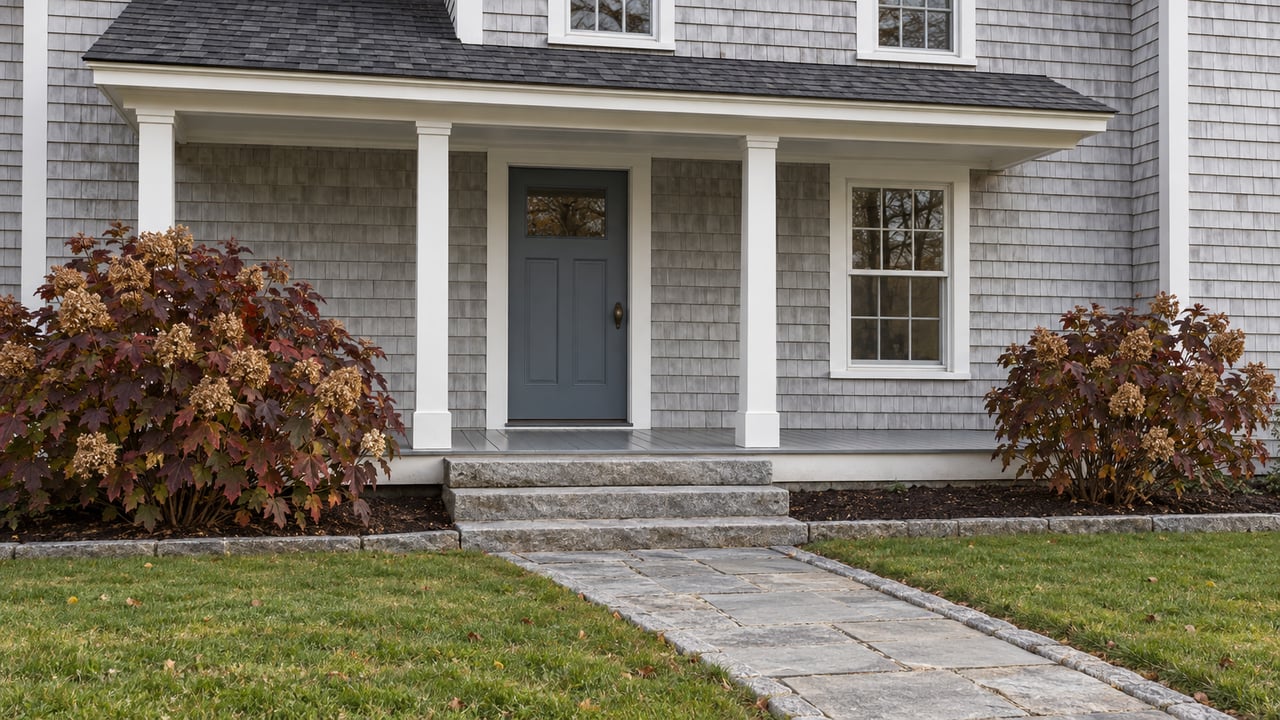 Pale gray shingled house with a blue-gray front door, white porch posts, granite steps and autumn oakleaf hydrangeas beside a lawn.