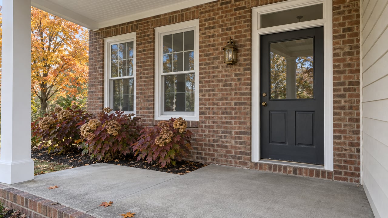 Covered front porch with russet brick, a charcoal door, white-trimmed windows and autumn foliage.