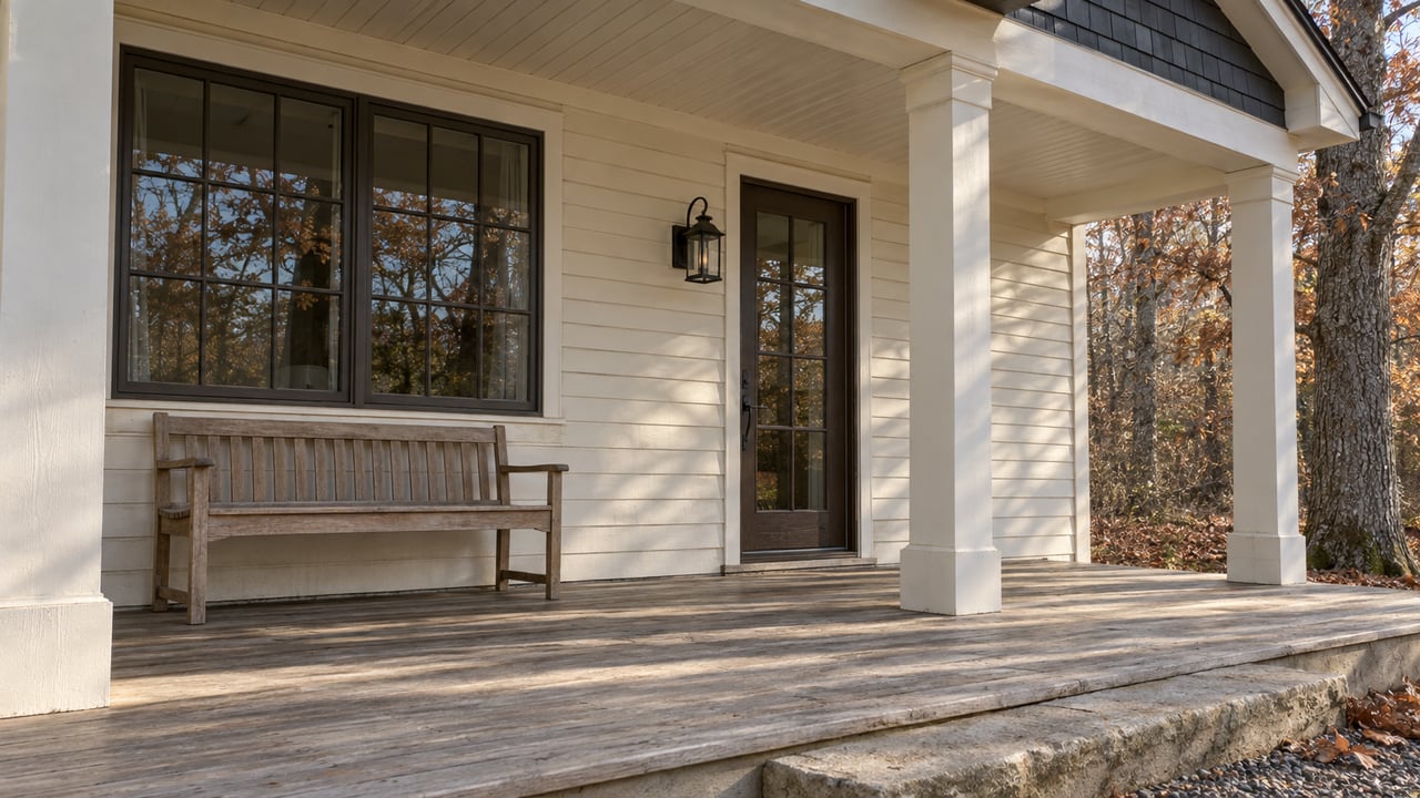 White home’s front porch with a wooden bench and autumn trees