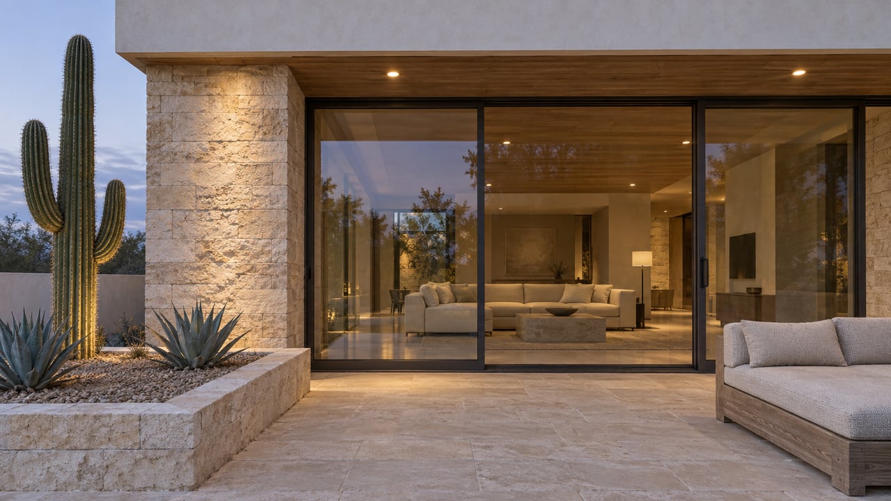 Luxury villa terrace at dusk with limestone walls, a timber canopy, enclosed glass living room and sculptural cactus planting.