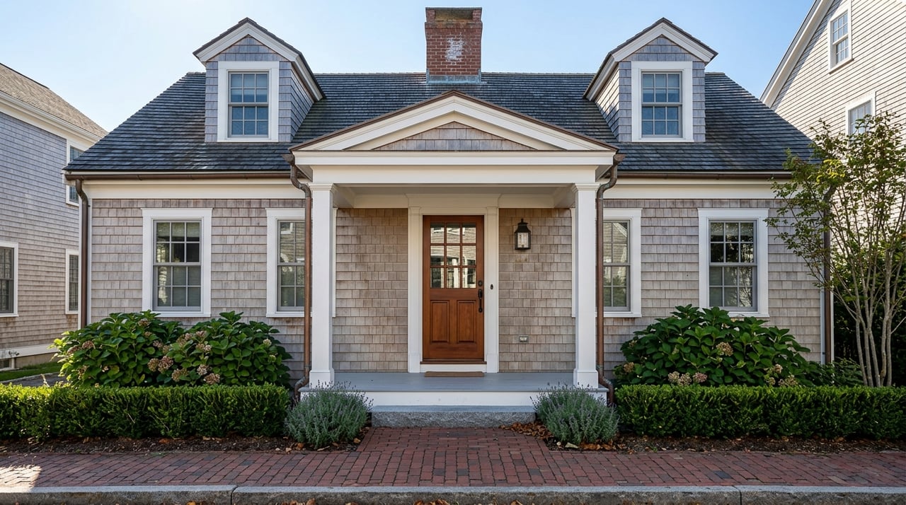 Cedar-shingled entry on a historic coastal home, with part of its façade visible.