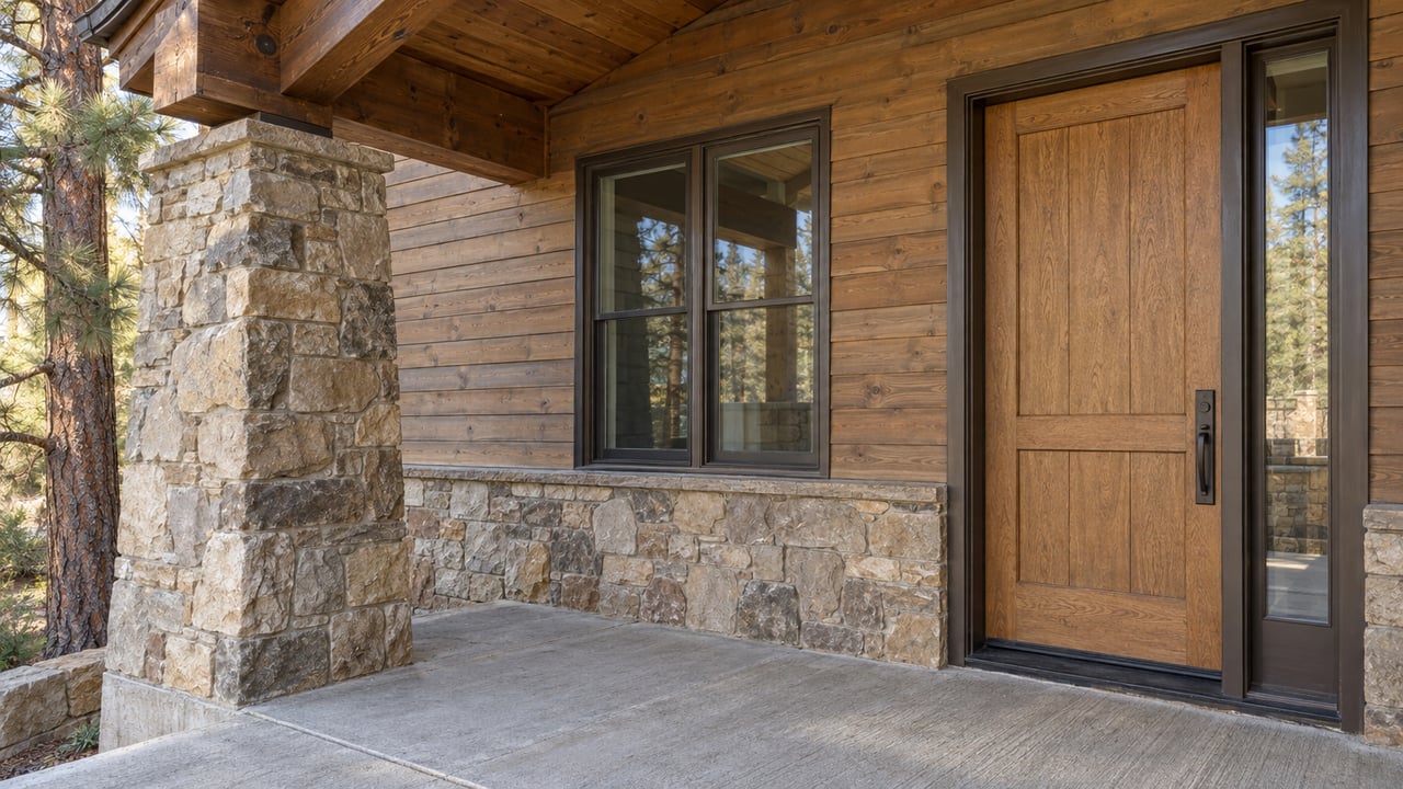 Covered home entrance with weathered cedar siding, sandstone pier, an oak door and bronze-framed windows in afternoon light.