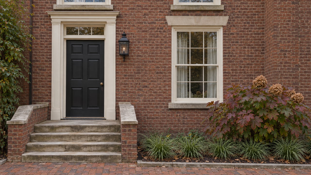 Red brick townhouse entrance with an ivory door surround, worn limestone steps and autumn oakleaf hydrangea beside the approach.