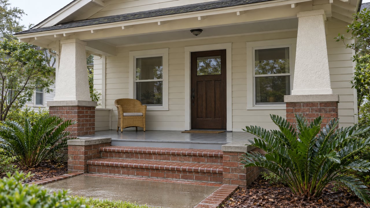 A timber bungalow porch with paired stucco piers, brick steps, closed sash windows, and two coontie plants after rain.