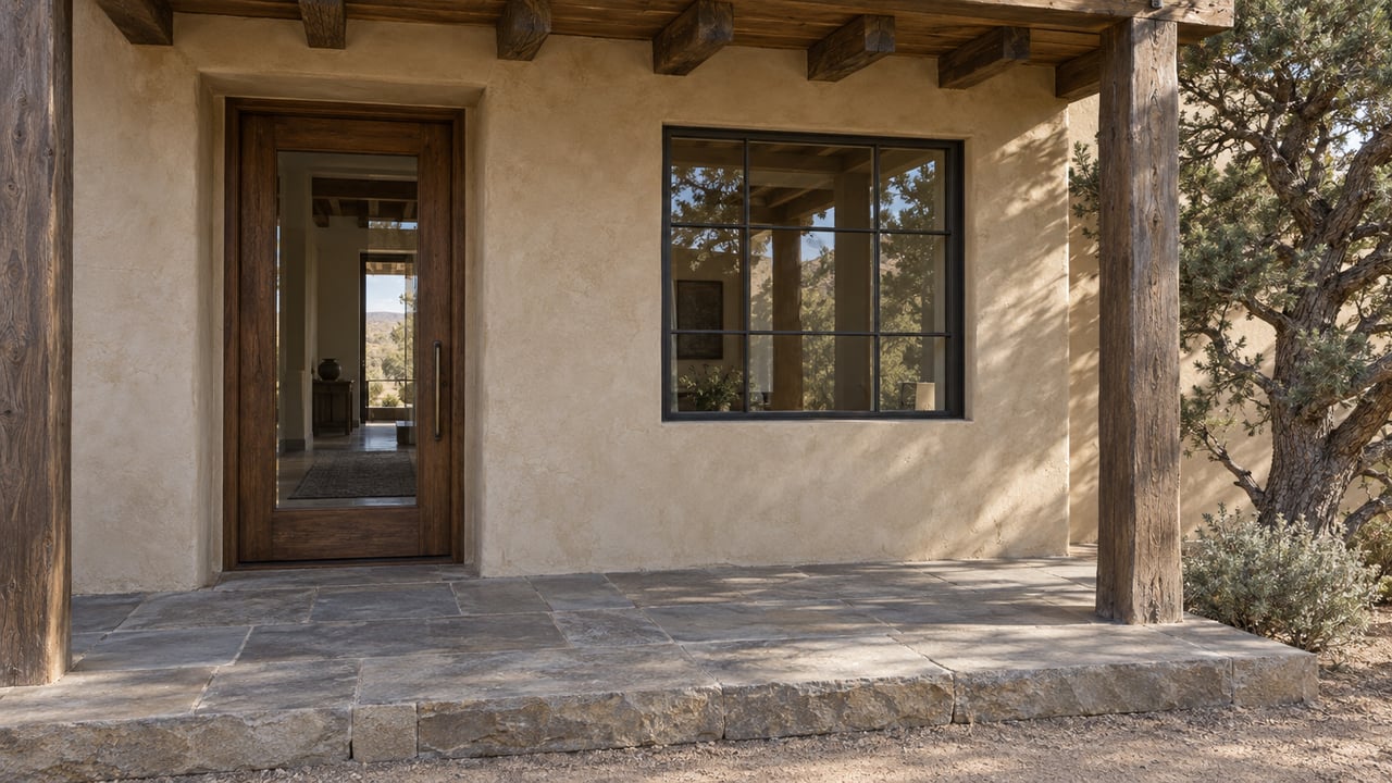 Sheltered home entrance with a walnut glass door, steel-framed window, sandstone landing, and pinon pine.