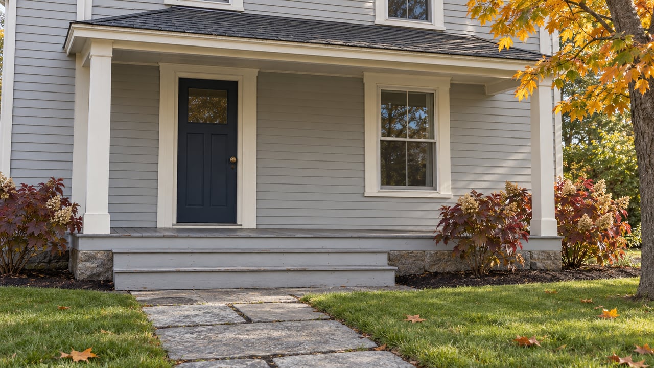 Gray clapboard home with a navy front door, weathered porch steps, granite walk and orange maple leaves.