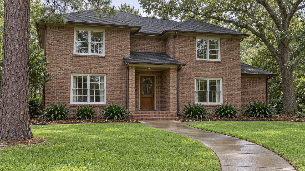 A two-story red-brown brick home beyond a rain-darkened curved walk and deep lawn, framed by mature pine and live oak trees.