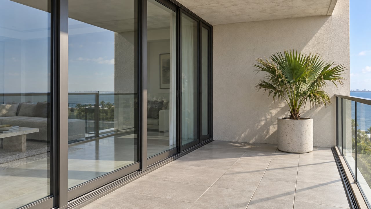 Apartment balcony with a potted fan palm beside closed sliding glass doors and a clear glass guard.