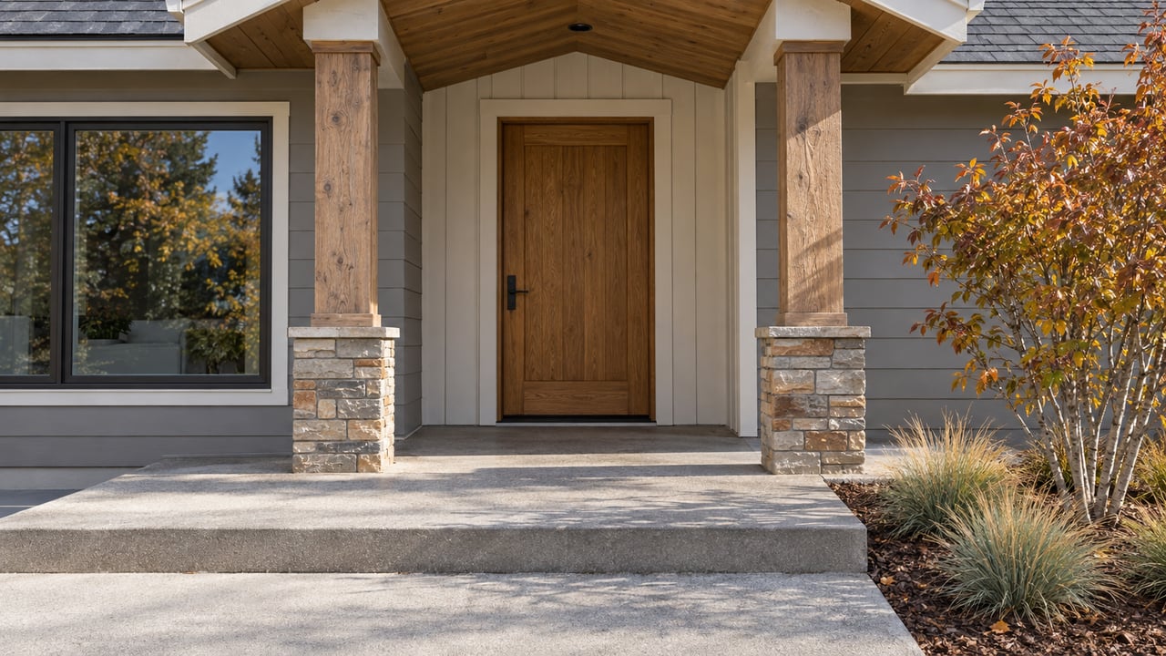 Sunlit gabled home entry with gray siding, stone-based timber posts, an oak door and autumn serviceberry planting.