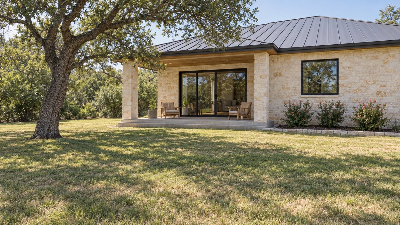 A compact limestone home with black-framed glazing and a covered porch beyond a deep lawn shaded by a mature spreading oak.