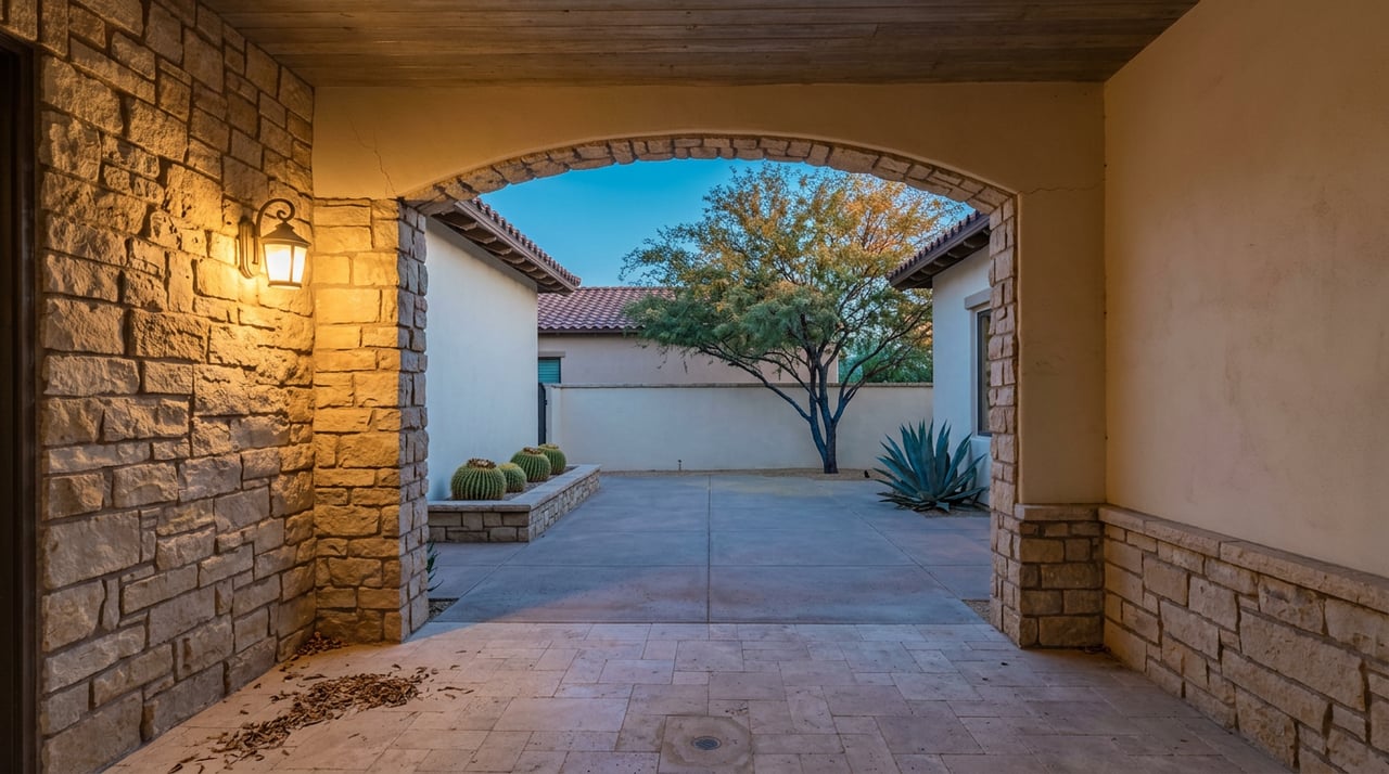 Stone archway frames a walled courtyard with a multi-trunk mesquite, agave, and a glowing amber sconce.