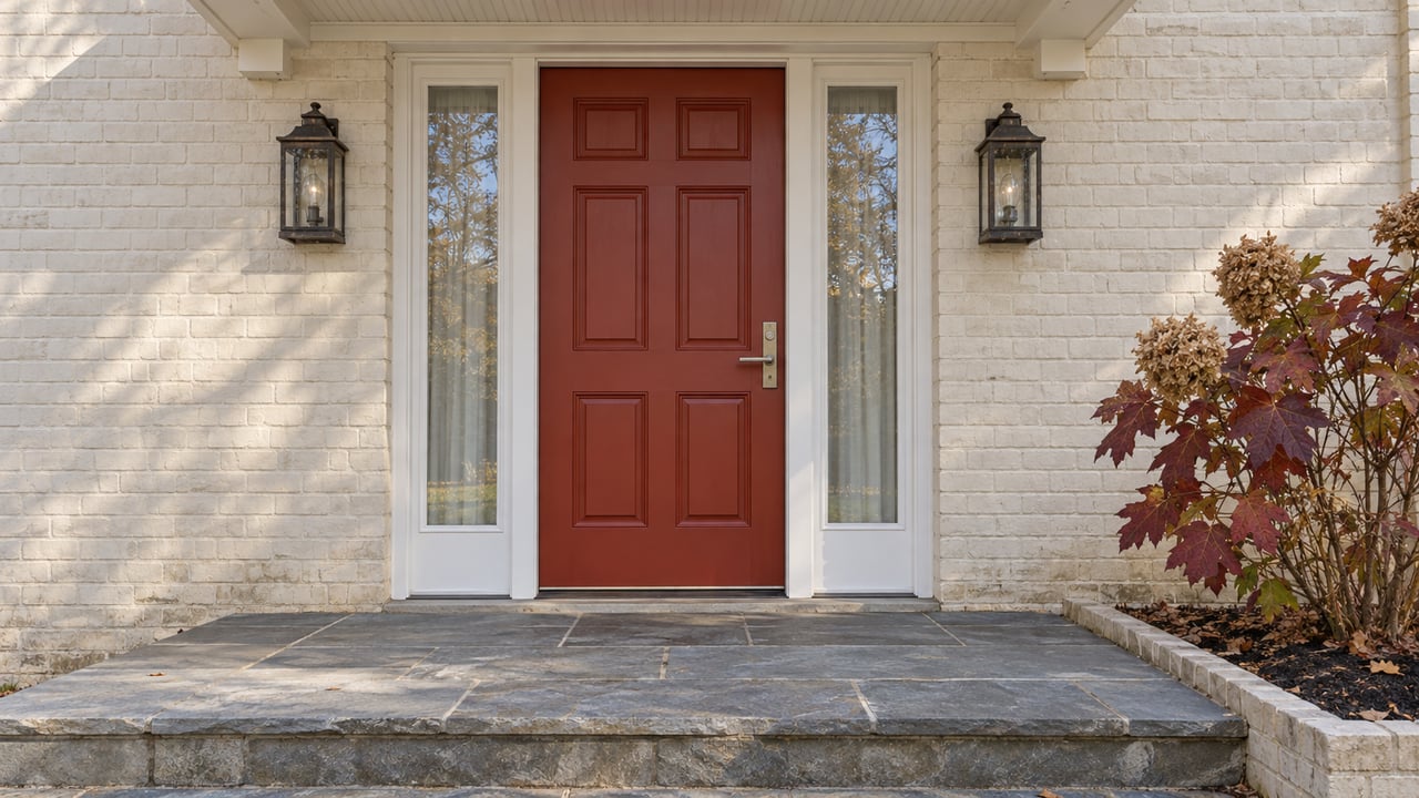 Red front door framed by cream-painted brick, paired lanterns and sidelights, with a bluestone landing and burgundy oakleaf hydrangea.