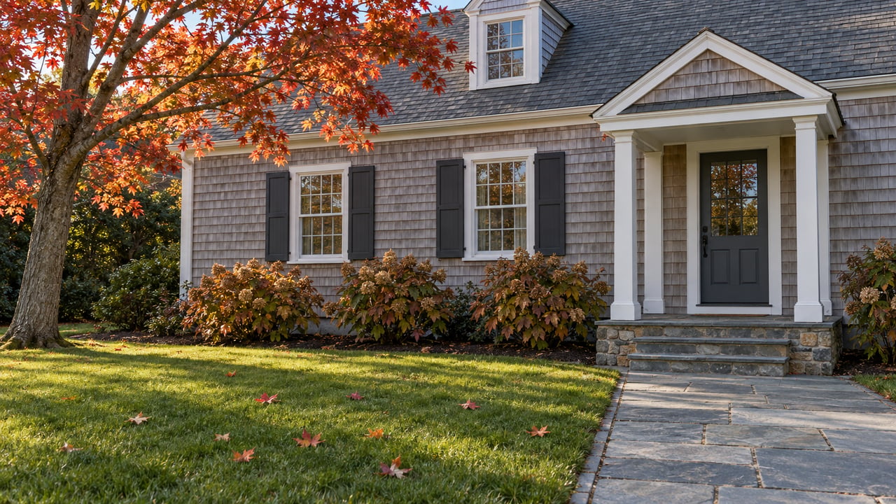 Weathered cedar-shingle house with white trim, bluestone entry steps and an autumn lawn beneath a red maple.
