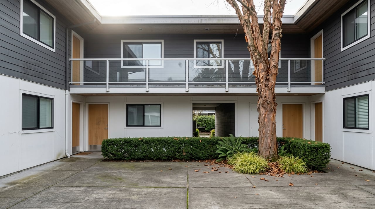 Residential courtyard with a paperbark maple, clipped hedge, and breezeway beneath an upper walkway.