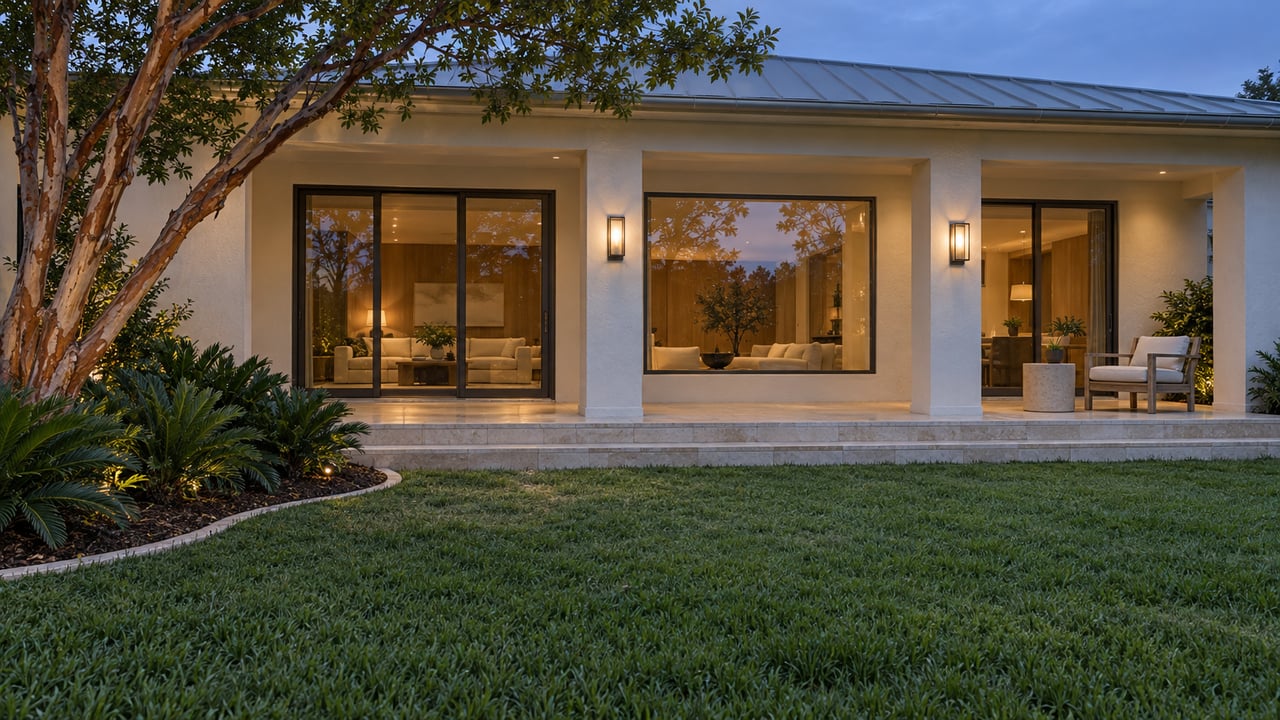 A light stucco home with a limestone terrace and warmly lit windows beyond a broad lawn at blue hour.