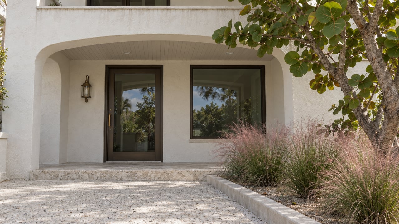 White stucco home entrance beneath a solid balcony, with bronze-framed glass, shell-aggregate paving and a sea-grape tree.