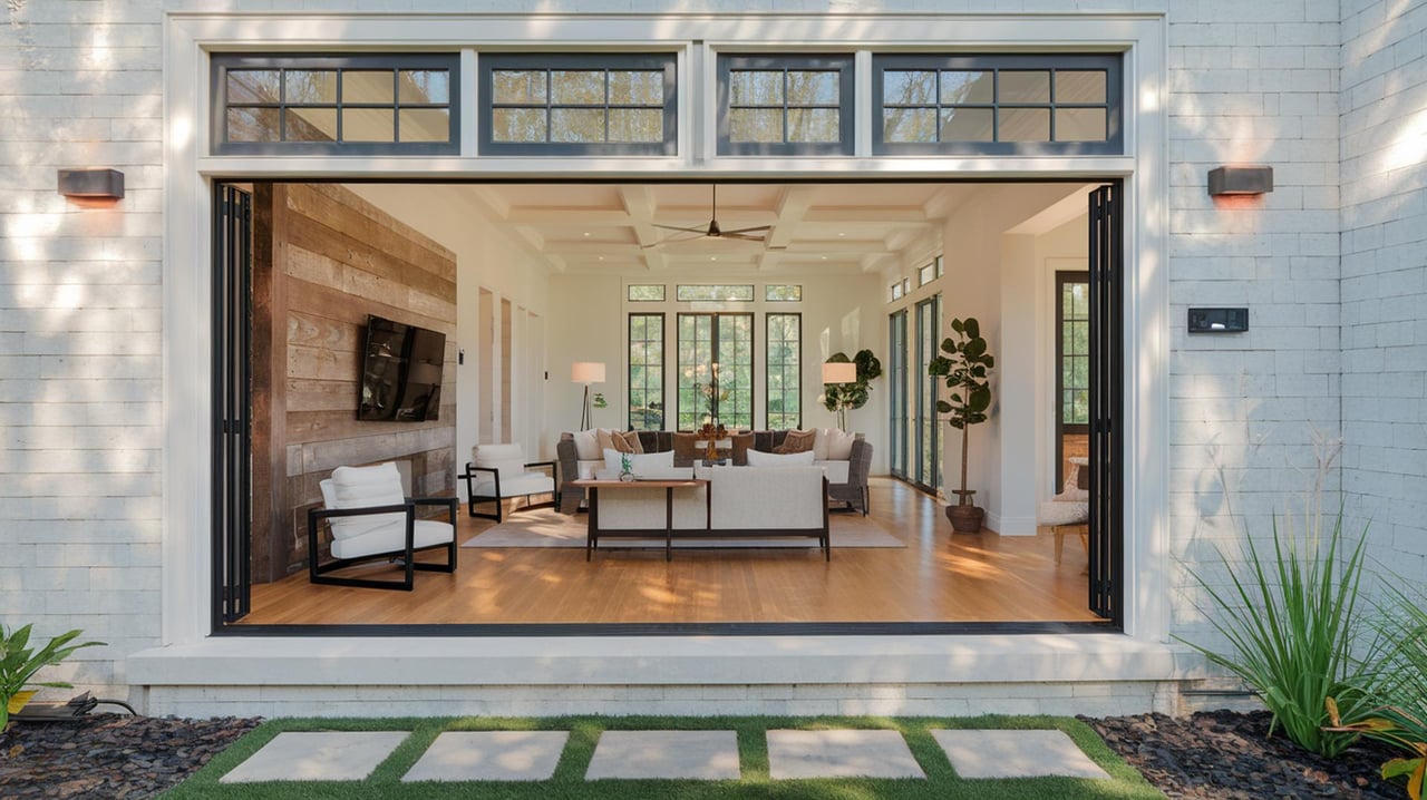 Wide open glass doors reveal a bright living room with a sofa, armchairs, and a wood-paneled TV wall.