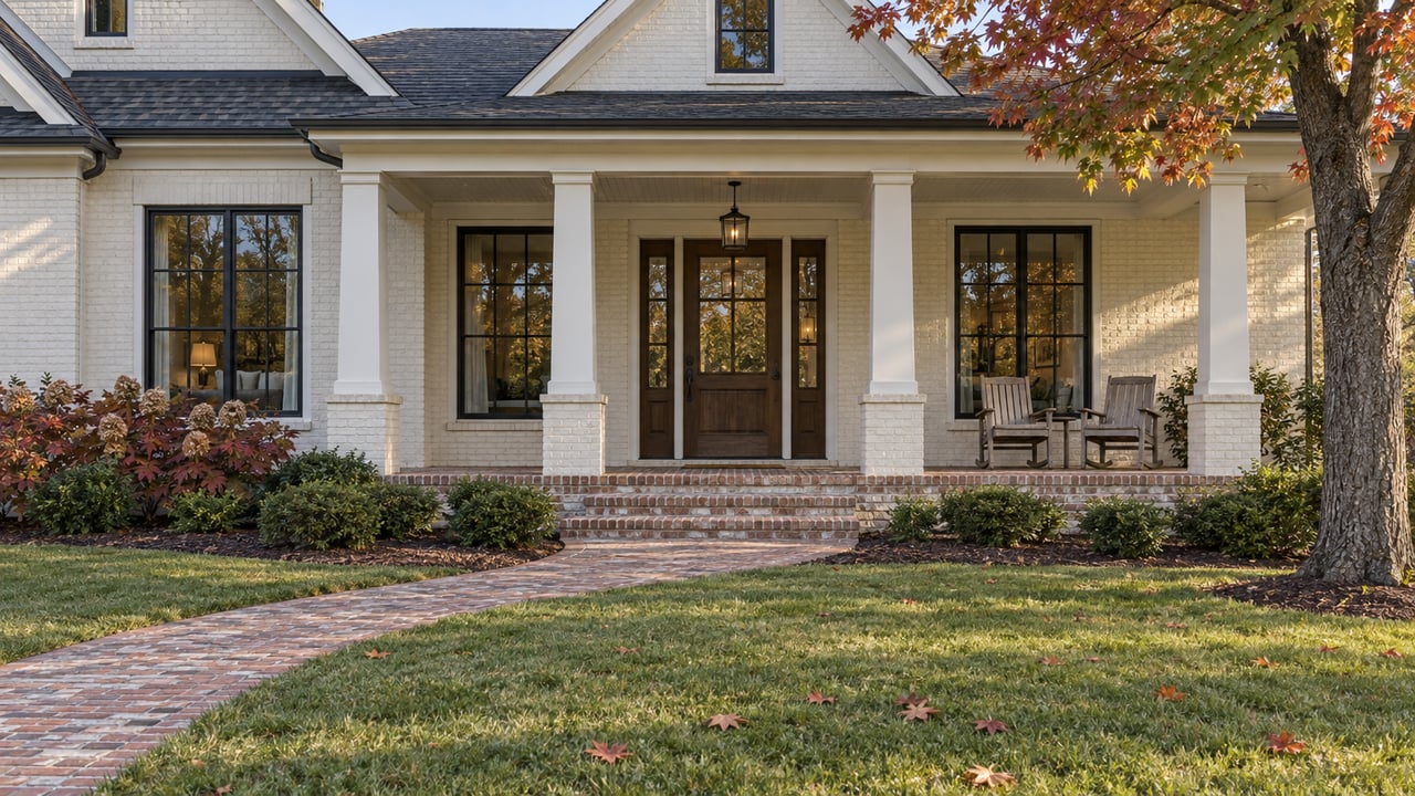 Autumn lawn and brick walkway leading to a cream-painted brick home with a covered porch and red maple canopy.