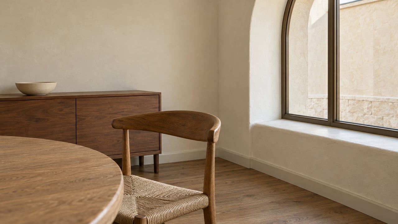 Soft window light falls across an ivory plaster dining alcove with an arched bronze-framed window, walnut sideboard and oak dining furniture.