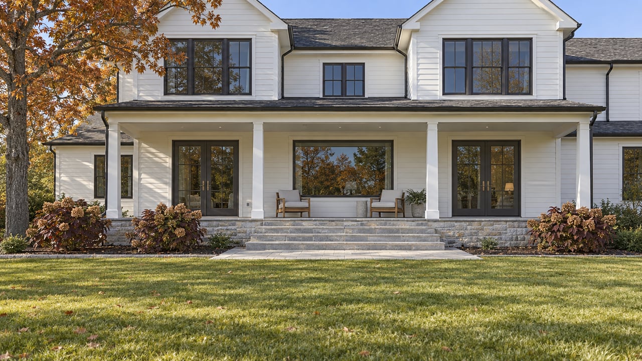 Autumn lawn leading to a light-sided home with a limestone porch, tall windows, and a mature oak.