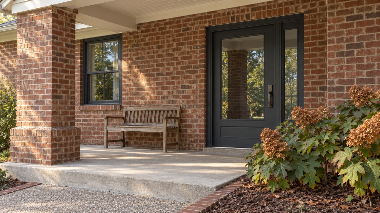 Red-brown brick porch with a charcoal glazed front door, weathered teak bench and oakleaf hydrangeas beside a concrete approach.