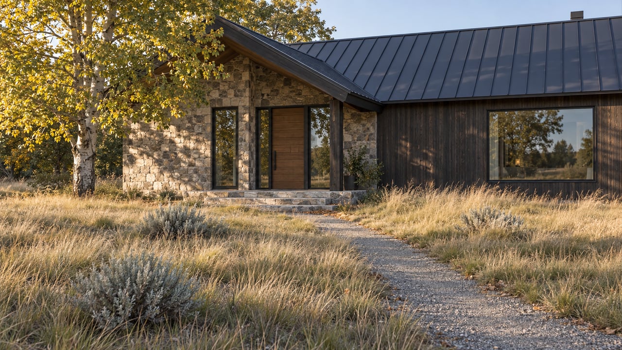 Stone-and-cedar house set beyond a meadow, with a gravel path and an aspen beside the roof.