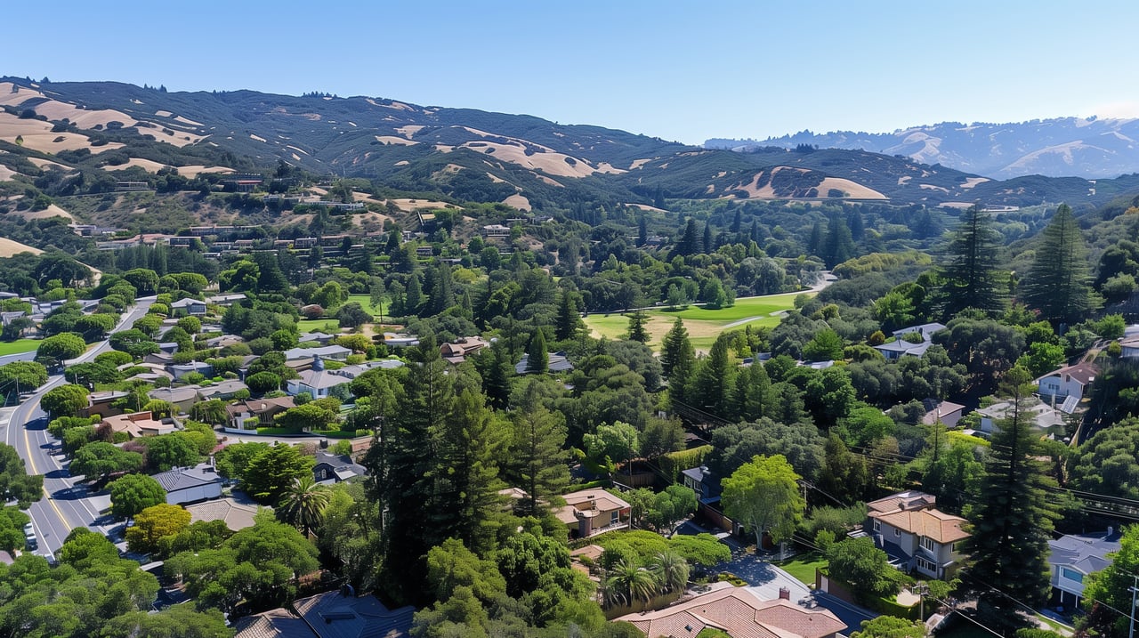 Aerial view of Silicon Valley neighborhoods and surrounding foothills