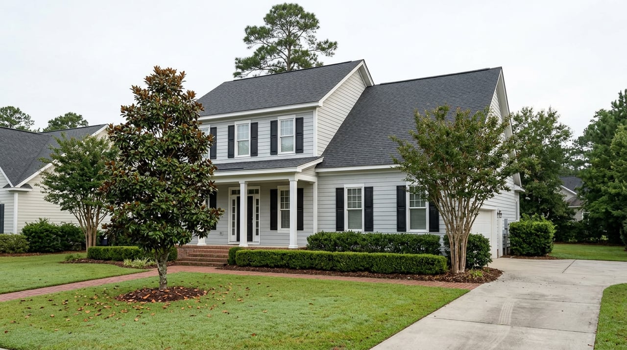 Two-story gray-sided home with black shutters, a brick walkway, clipped hedges, and a magnolia on a broad lawn.