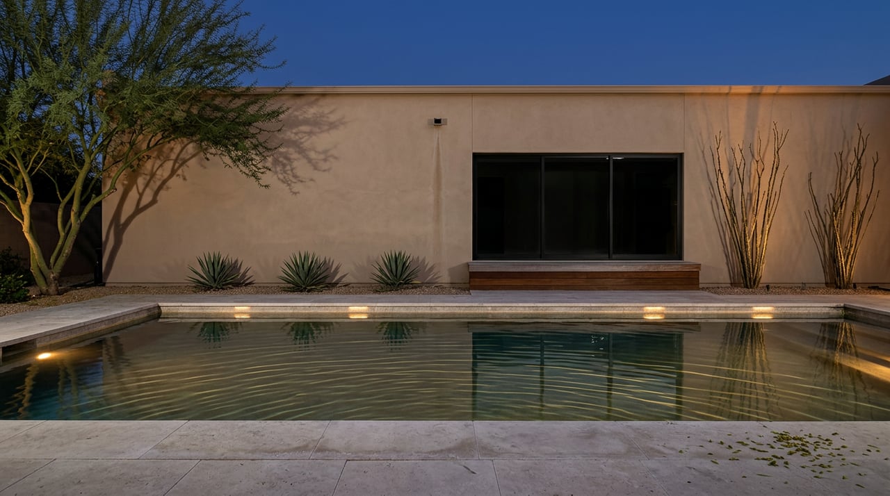 Warm-lit pool ripples reflect a stucco home beneath an overhanging palo verde at dusk.