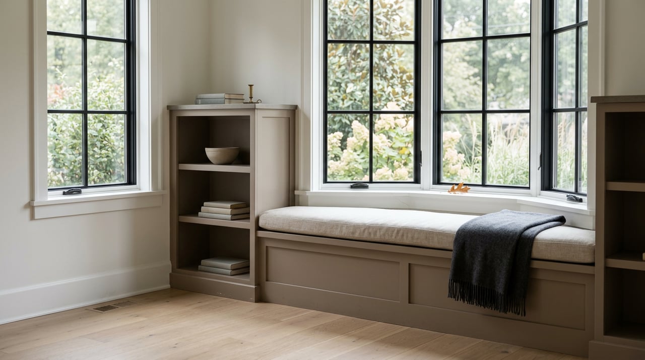 Bay-window reading nook with taupe built-ins, an oatmeal bench cushion, and soft-focus greenery outside.