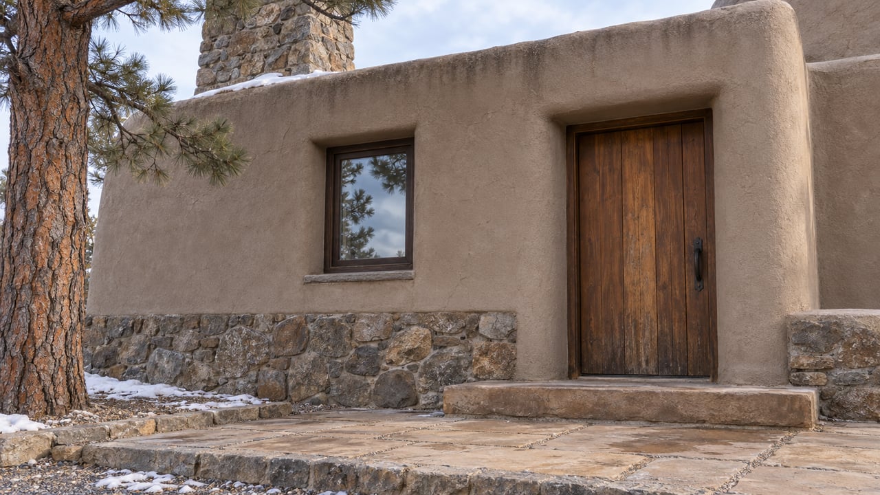 Winter light on a rounded stucco home entry with a timber door, stone chimney and patches of snow beside the sandstone approach.
