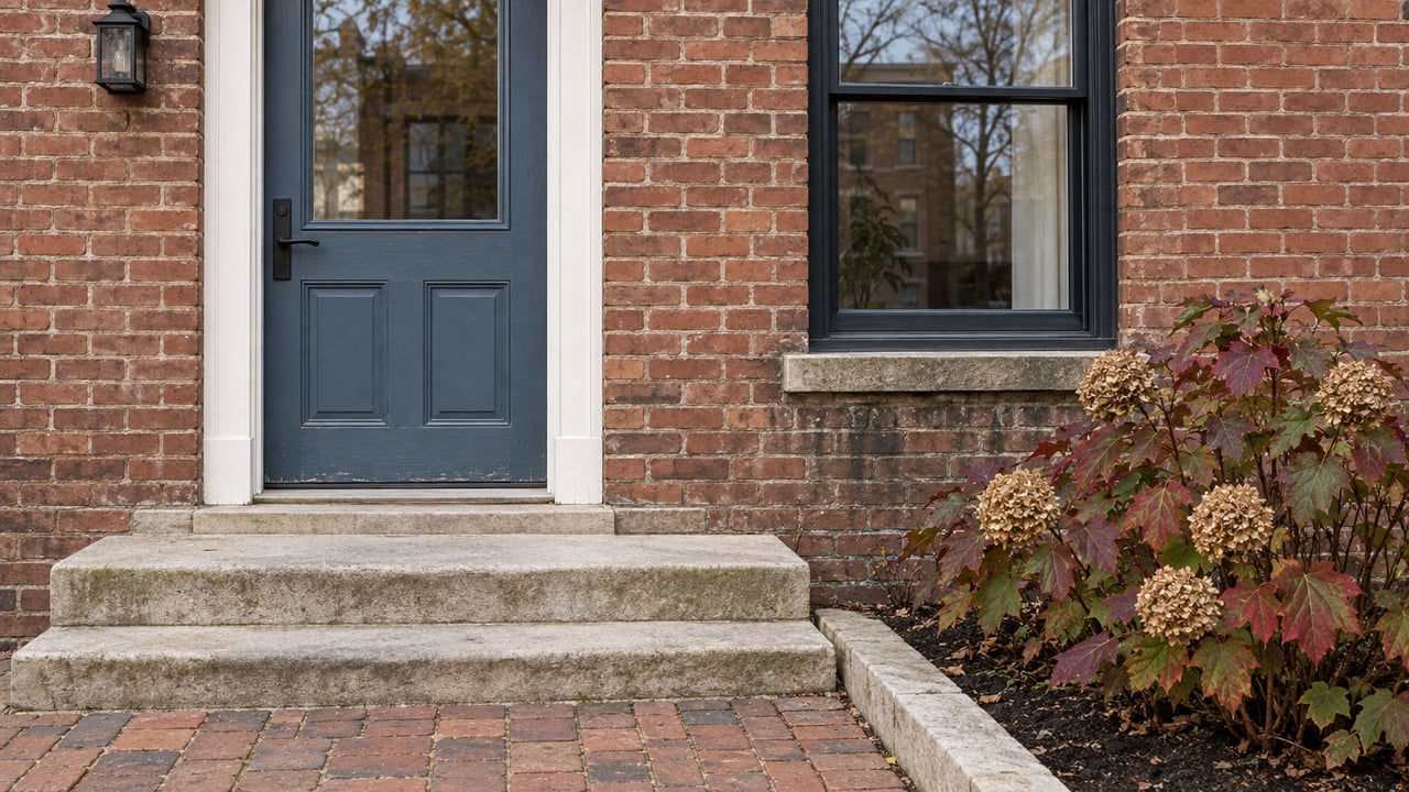Muted blue entrance door and sash window in an aged red-brick facade above worn limestone steps, with autumn oakleaf hydrangea beside a clay-paver approach.